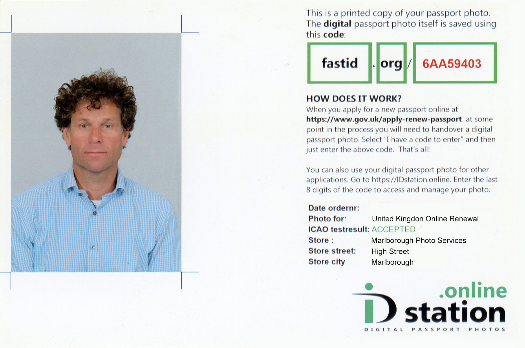A printed handover document showing a passport photo on the left and a digital photo code on the right